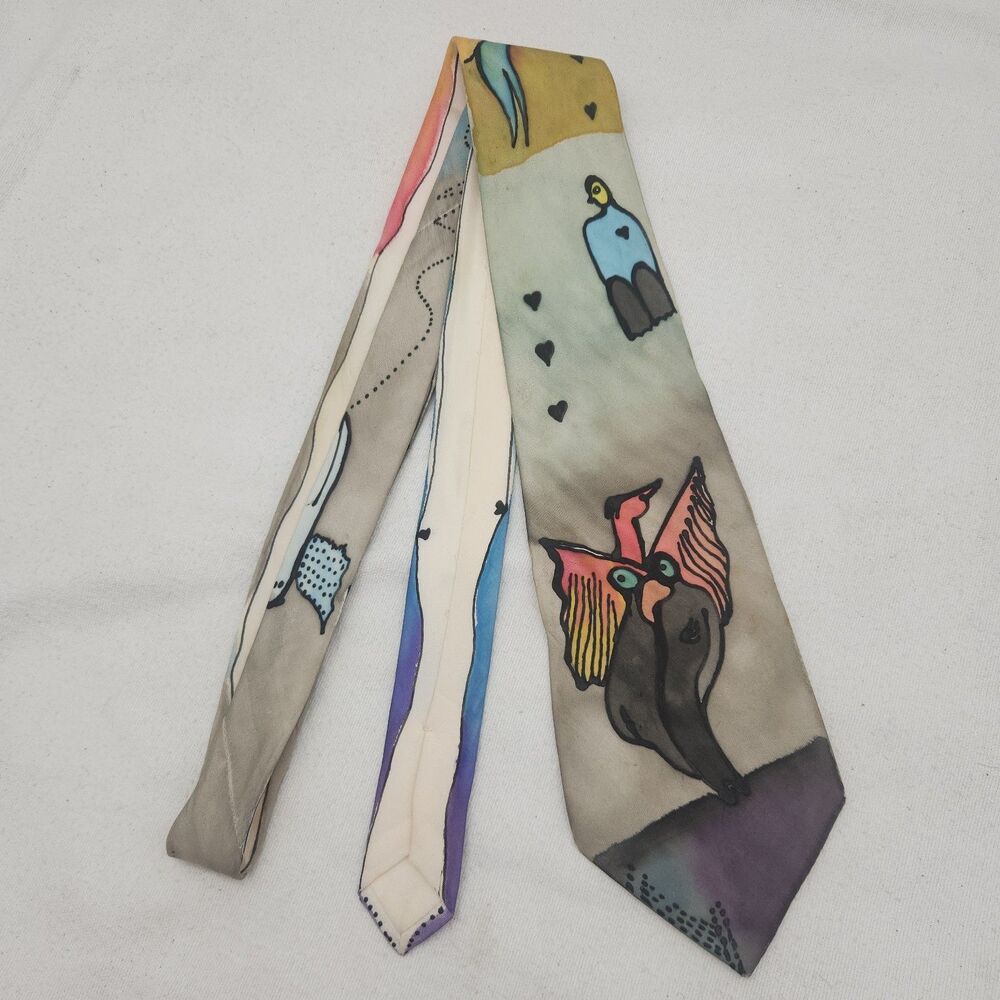 Tie Meier Seide Silk Hand Painted Artist Signed German VTG Phoenix Birds Owl